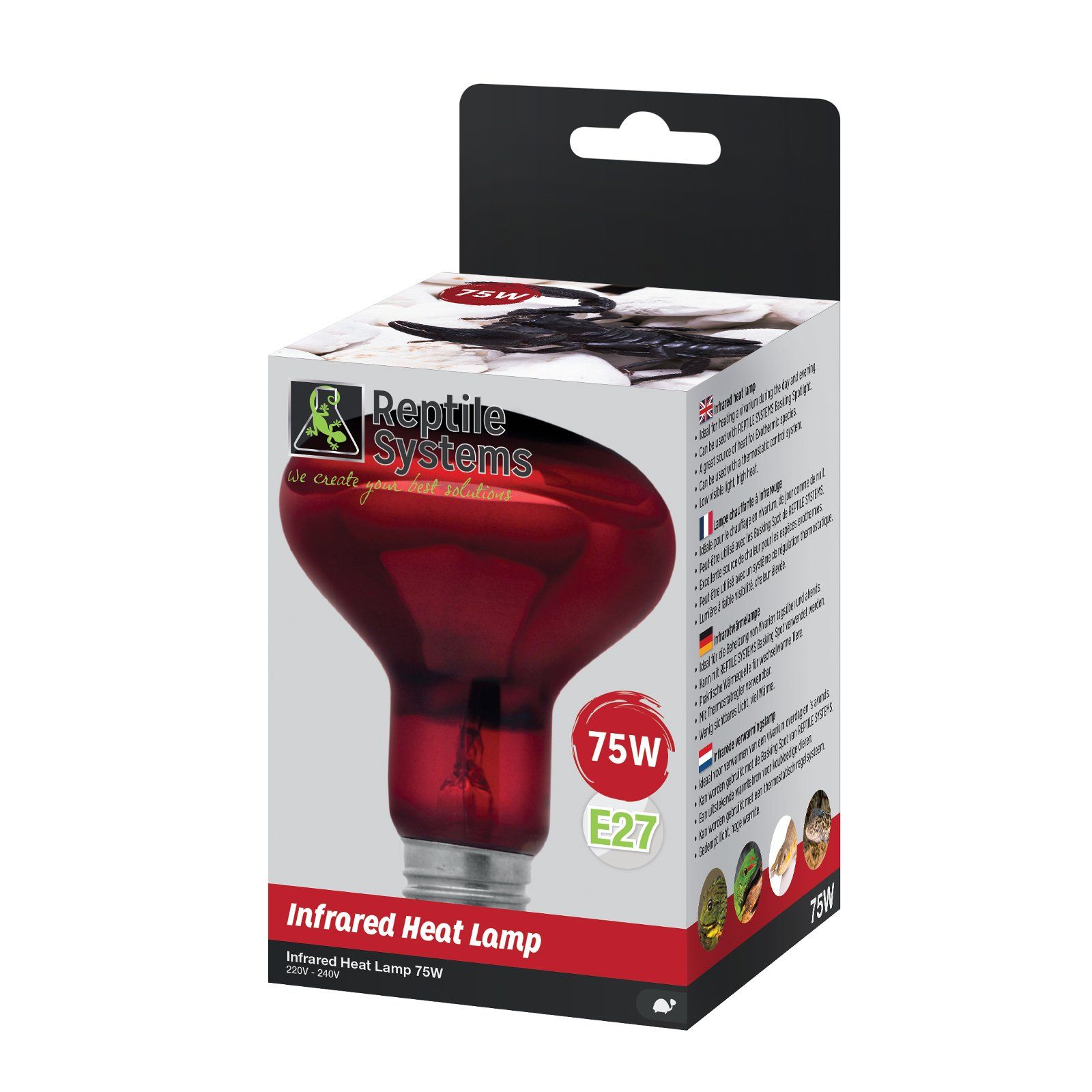 Rote Infrarot-Wärmelampe mit E27-Sockel. Aufdruck: 75W. Verpackung mit Reptile Systems Logo.