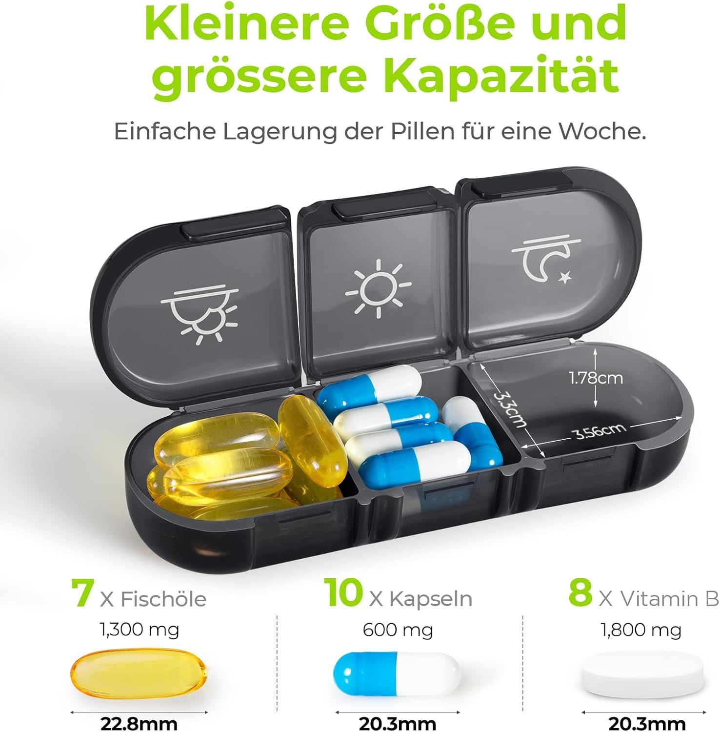 Kompakter Pillenbehälter mit drei Fächern, gefüllt mit Kapseln und Pillen.