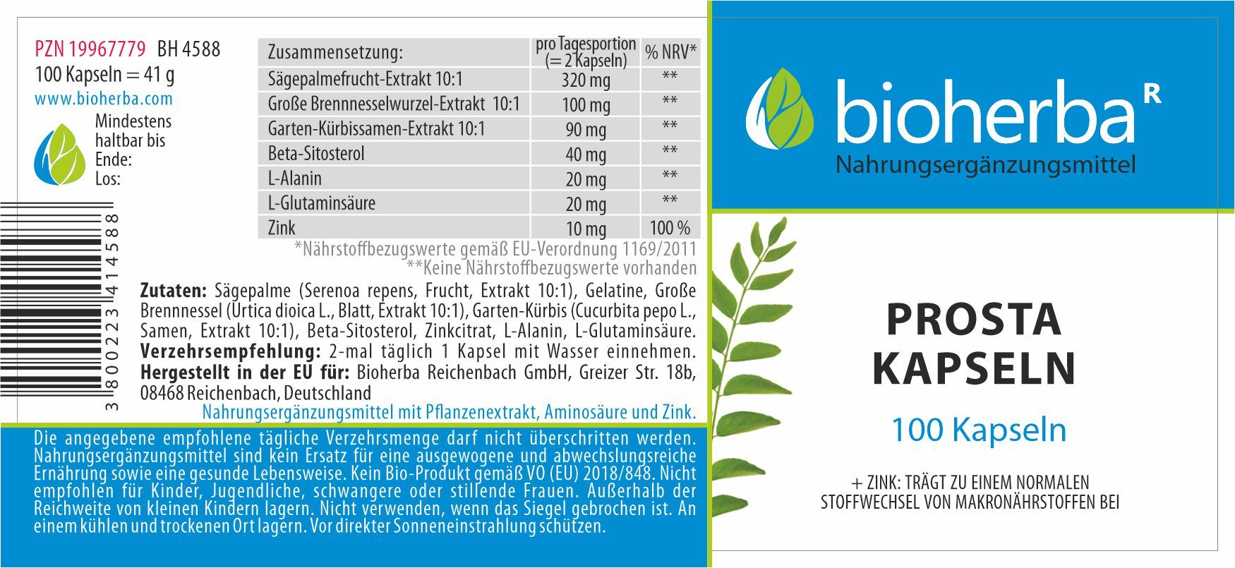 Etikett mit Inhaltsstoffen und Informationen. Enthält: Sägepalmenextrakt, Brennnessel, Beta-Sitosterol, L-Glutamin. Marke: bioherba, Prosta Kapseln, 100 Kapseln.