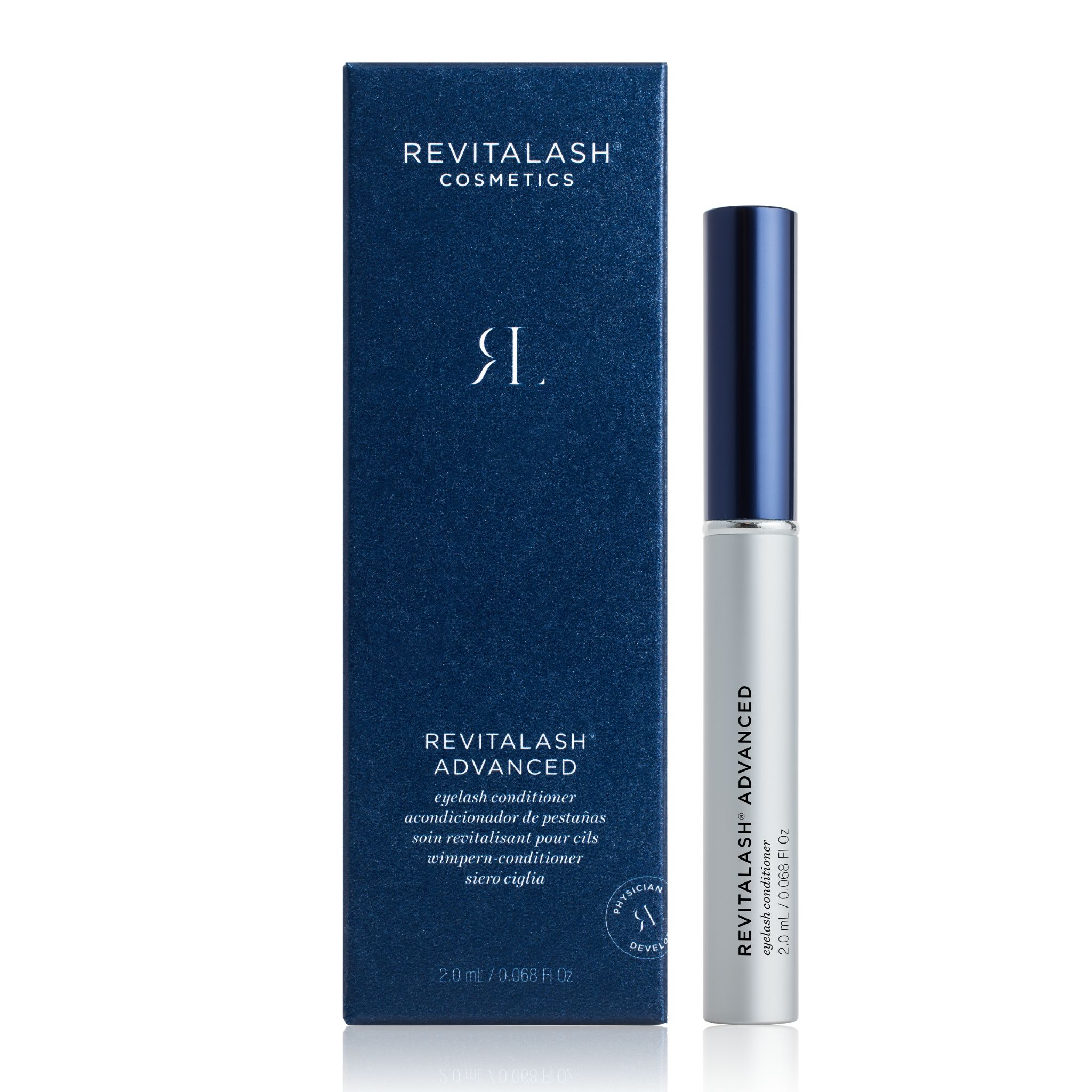 Revitalash Advanced Wimpernserum in silberner Tube mit blauer Kappe, daneben die blaue Verpackungsbox.