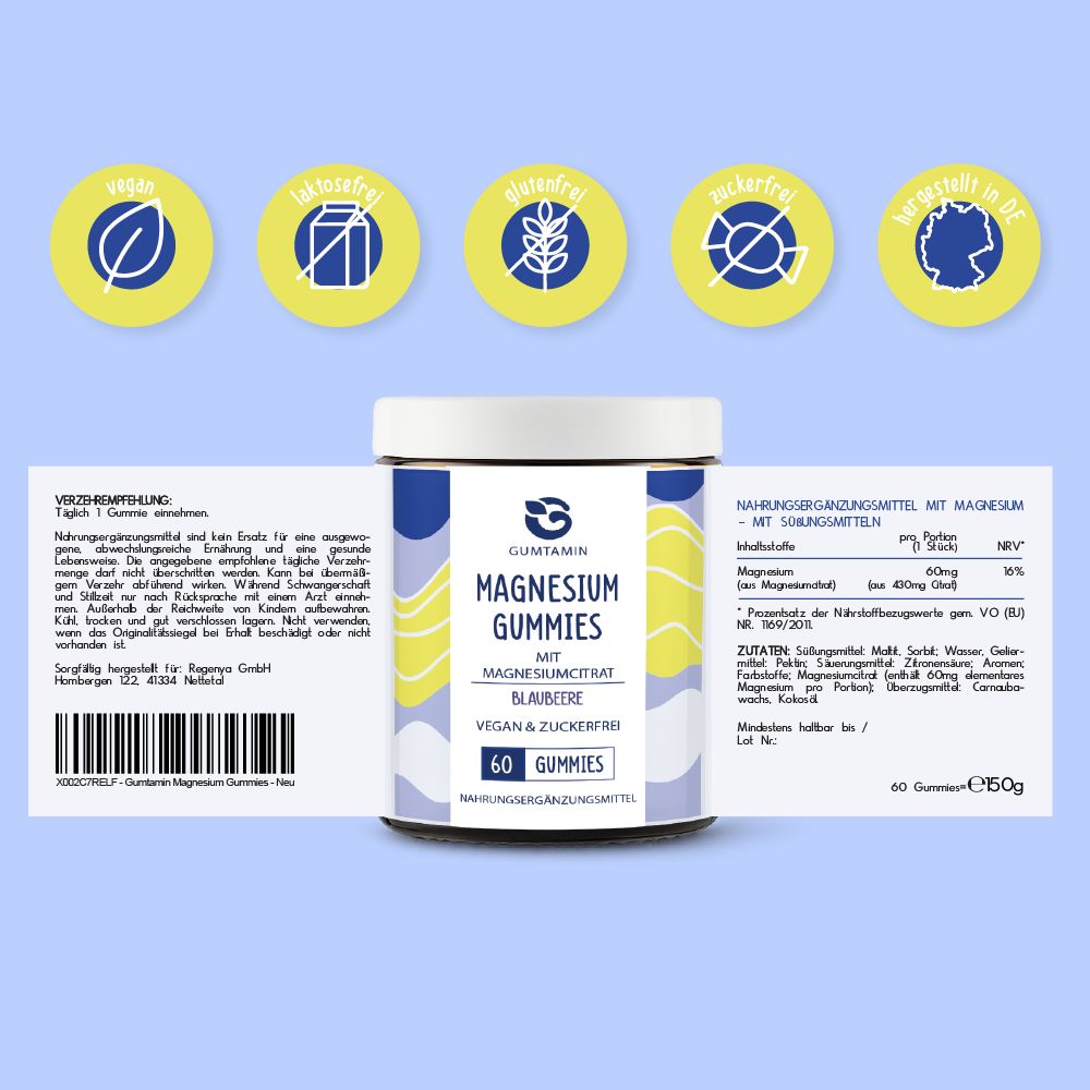 Dose "GUMTAMIN Magnesium Gummies". Blaubeere, vegan & zuckerfrei. 60 Gummies. Aufkleber mit Inhaltsstoffen und Nährwertangaben.