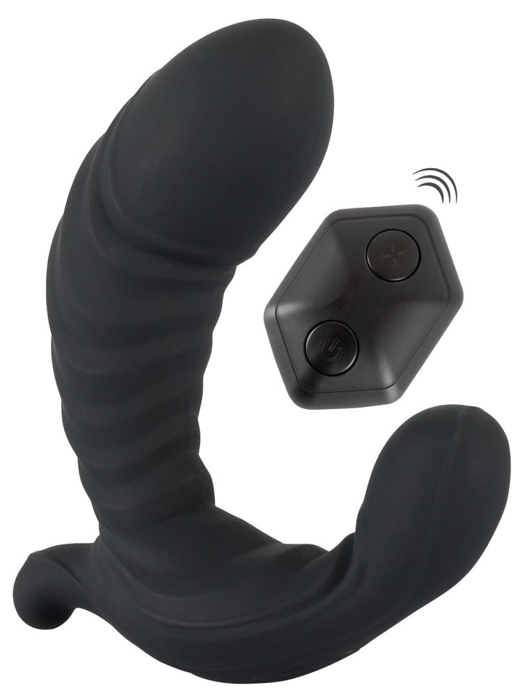 Schwarzer G&P-Spot-Vibrator und schwarzer Fernbedienung mit zwei Knöpfen.