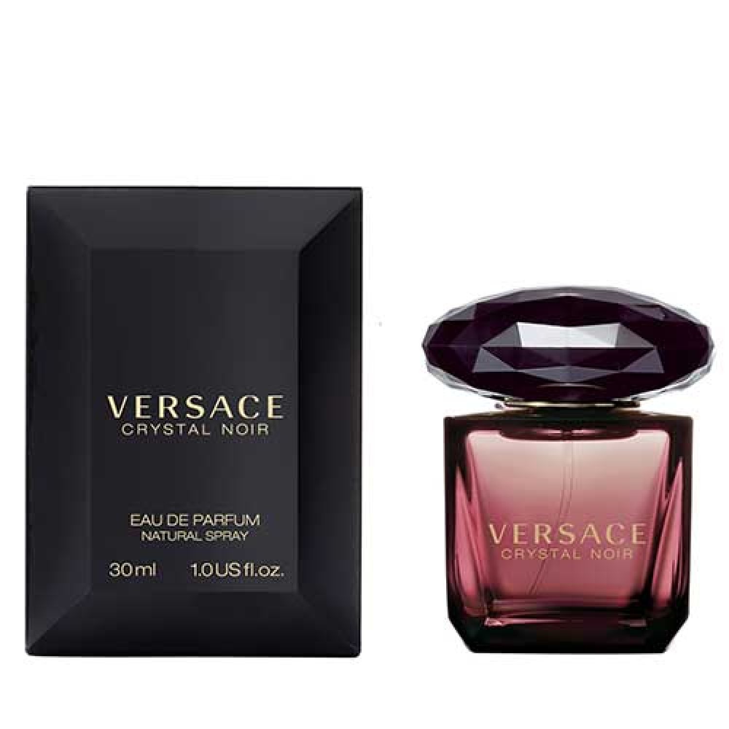 Versace Crystal Noir Eau de Parfum, 30 ml, mit schwarzer Verpackung. Flakon und Verpackung nebeneinander.