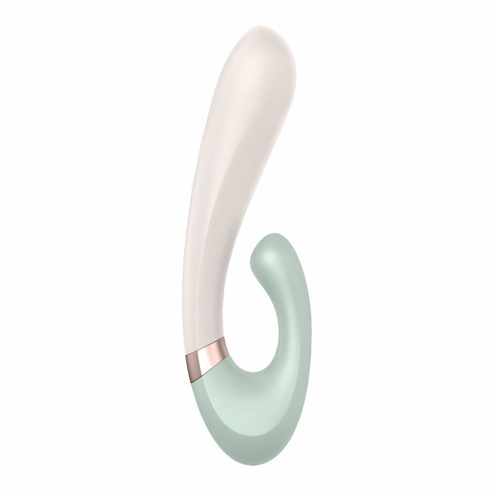 Vibrator mit weißem Schaft und mintgrünem Bogen. Goldfarbener Ring am Übergang. Glatte Oberfläche.