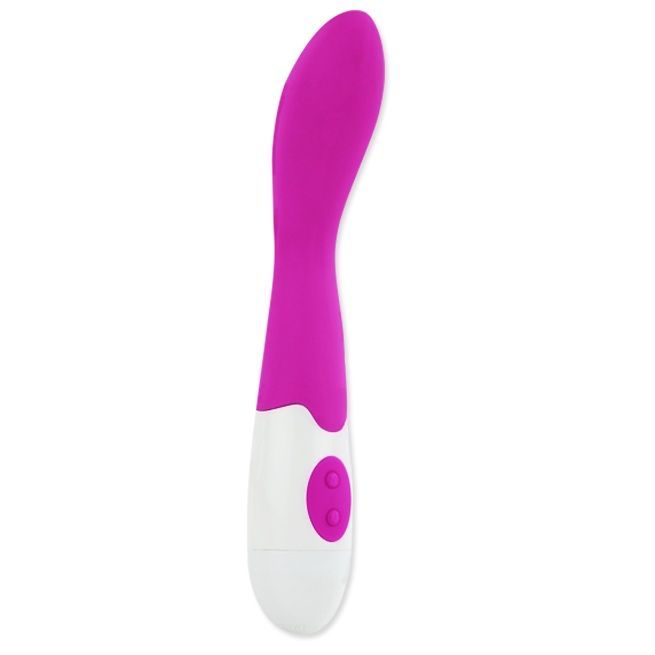 Vibrator mit rosa Spitze und weißem Griff. Zwei Knöpfe. Glatte Oberfläche.