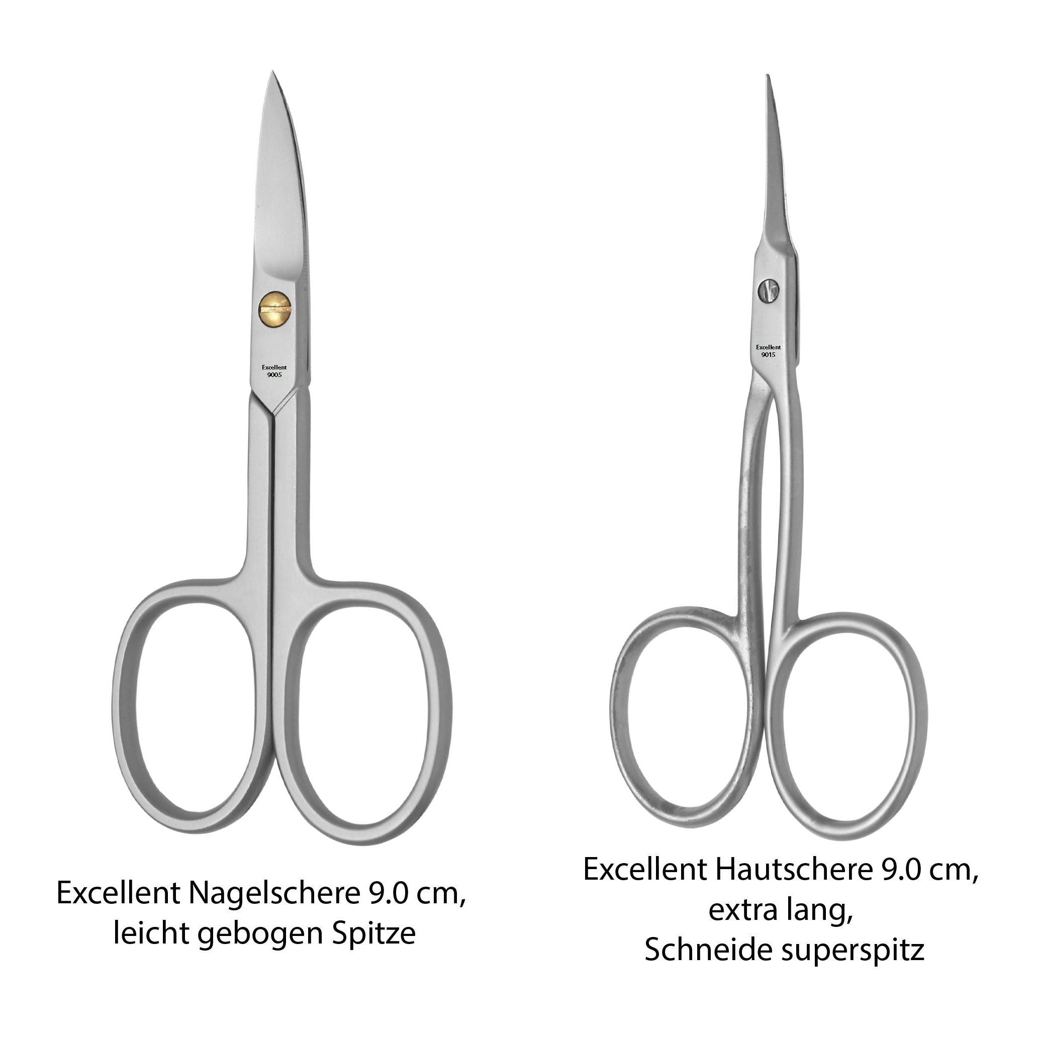 Zwei Nagelscheren aus Metall. Links: Nagelschere, 9,0 cm, leicht gebogen. Rechts: Hautschere, 9,0 cm, extra lang, superspitz.