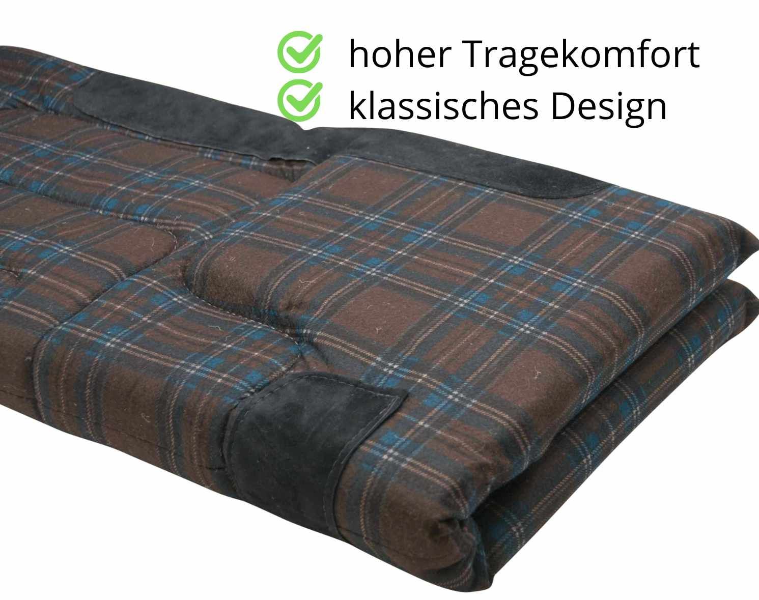 Western Pad Trascot Built Up. Braun-kariertes Pad mit schwarzem Rand. Text: hoher Tragekomfort, klassisches Design.