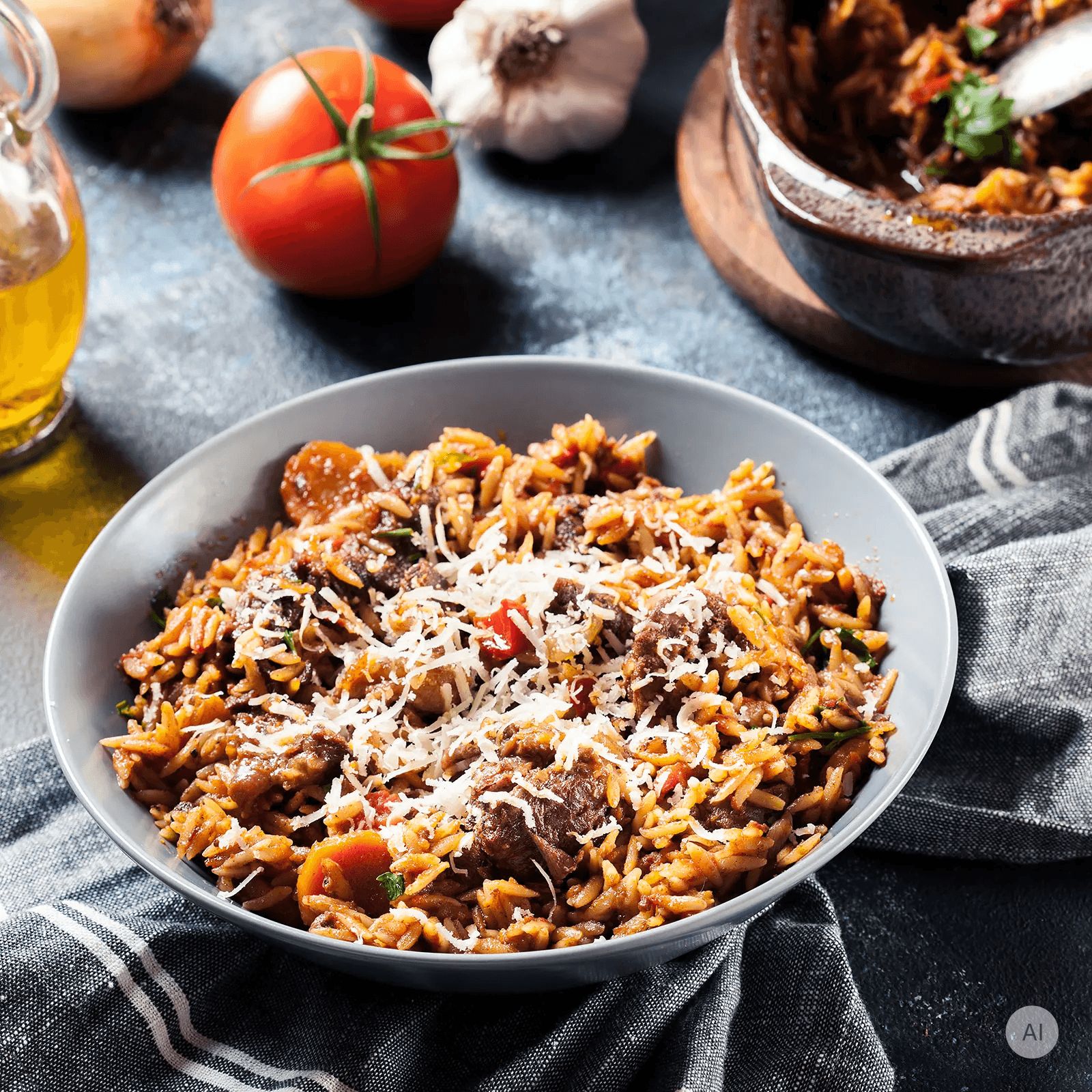 Bewertungen und eine Nahaufnahme von Pasta mit Sauce.