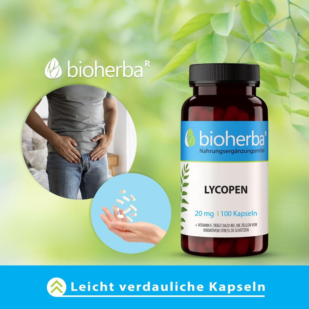 Mann mit Bauchschmerzen. Blaue Grafik: Kapseln. Braune Kapsel-Dose mit blauem Etikett. Aufschrift: Lycopen 20 mg | 100 Kapseln.