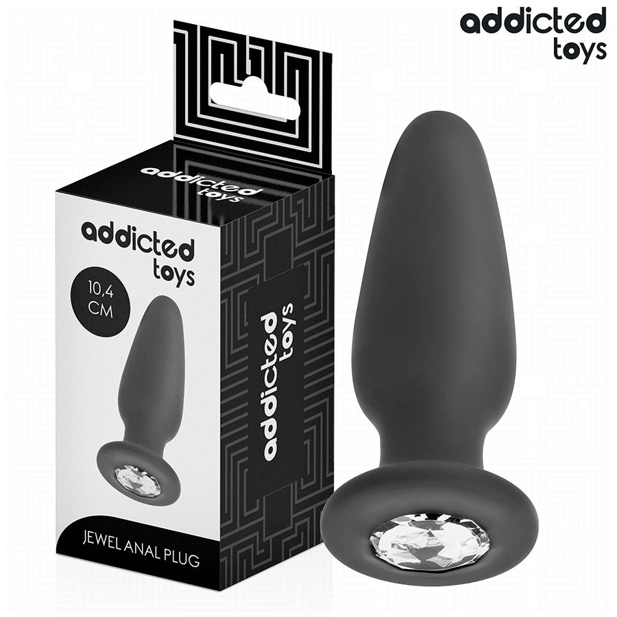 Analplug und Verpackung. Grauer Plug mit Juwel neben der Box. Marke: Addicted Toys. Text: Jewel Anal Plug.