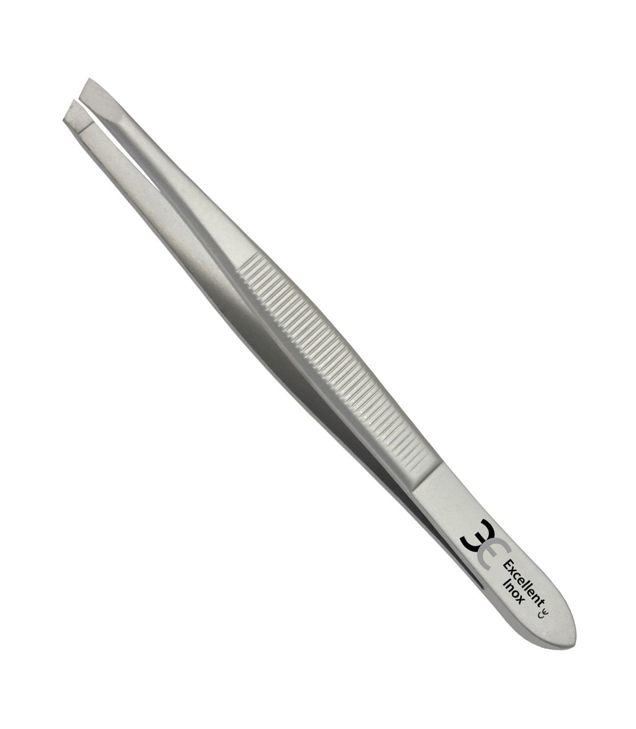 Pinzette aus Edelstahl. Geriffelte Grifffläche. Spitze Enden. Aufschrift: Excellent Inox, CE-Zeichen.
