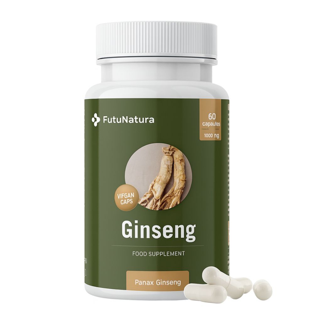 Weiße Kapseln neben einer Flasche mit Ginseng-Nahrungsergänzungsmittel. Aufschrift: FutuNatura, Ginseng, 60 Kapseln, 1000 mg.