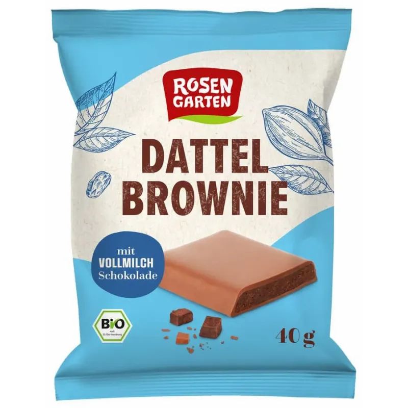 Verpackung mit Rosengarten Dattel Brownie. Text: Dattel Brownie, Vollmilch Schokolade, Bio-Siegel, 40g.