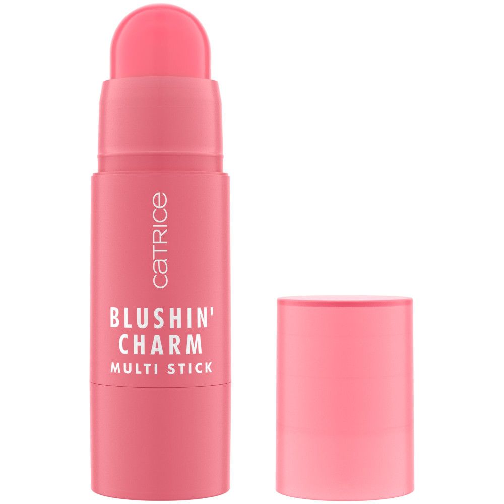 Catrice Blushin' Charm Multi Stick. Rosa Stick mit abnehmbarer Kappe. Produktname und Marke sind deutlich sichtbar.