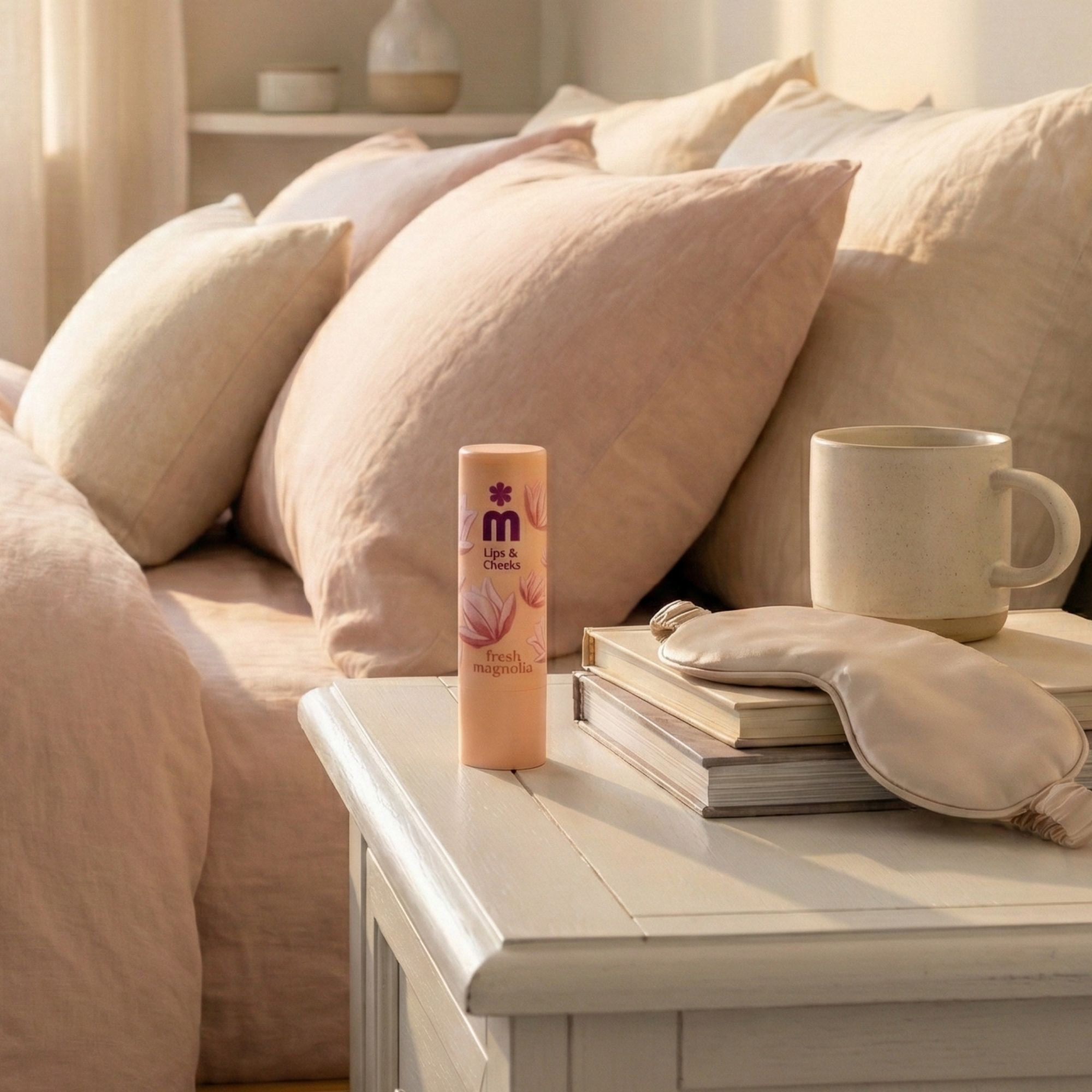 Lippen- und Wangenbalsam auf einem Nachttisch. Beige Verpackung mit Logo und Magnolia-Motiv. Neben Kissen, Tasse und Schlafmaske.