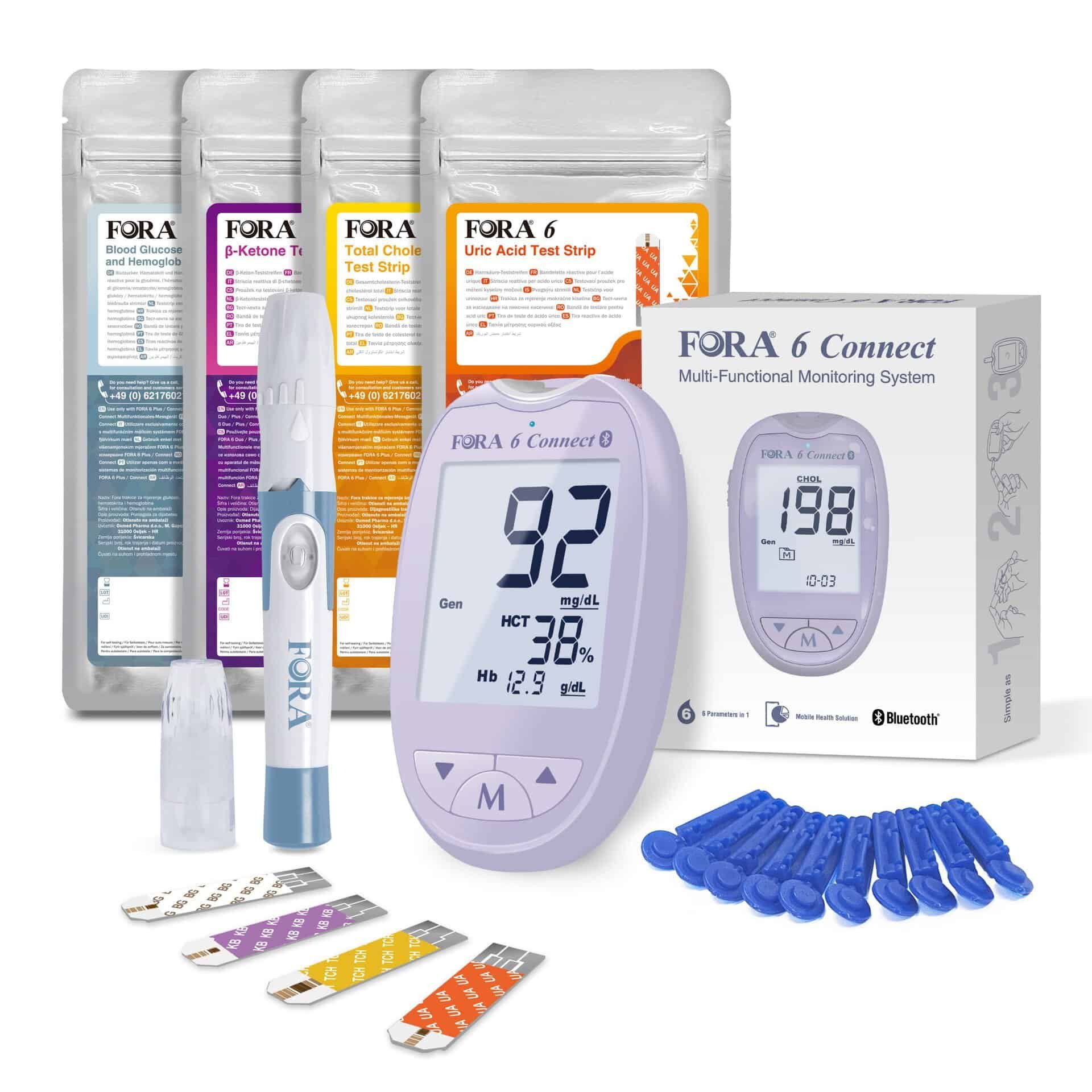 FORA 6 Connect 6-in-1 Starter-Kit - Special Edition - für Zuhause - Bluetooth-Sync - Lila - mmol/l