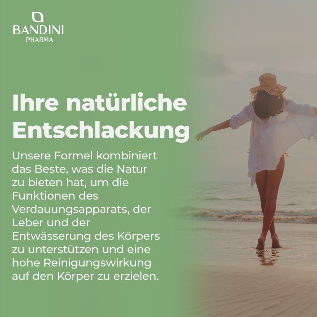 Frau am Strand. Text: Ihre natürliche Entschlackung. Unsere Formel kombiniert das Beste der Natur. Unterstützt Verdauung, Leber und Entwässerung.