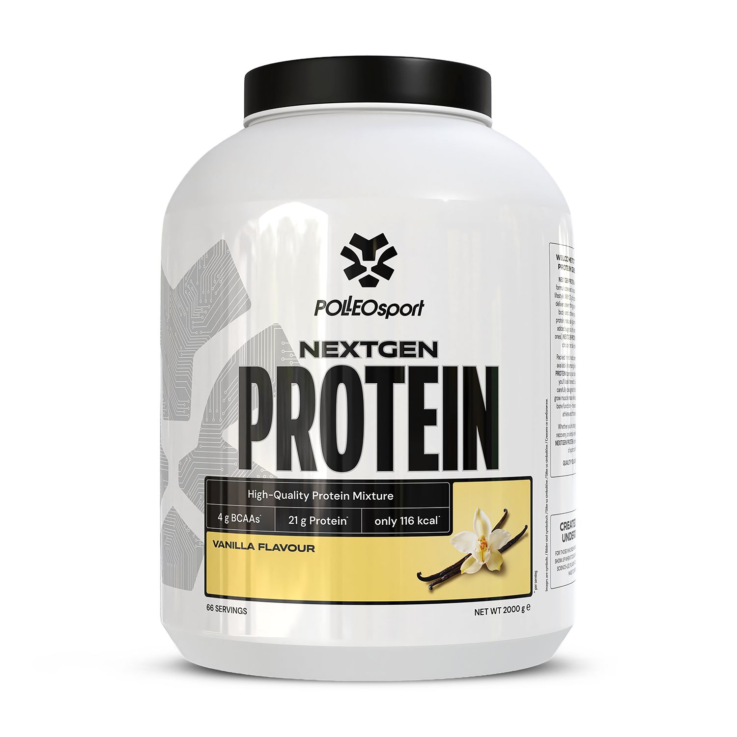 Weißer Behälter mit schwarzem Deckel. Aufschrift: Polleo Sport NextGen Protein. Aufdruck: Vanille-Aroma, 21g Protein, 116 kcal.