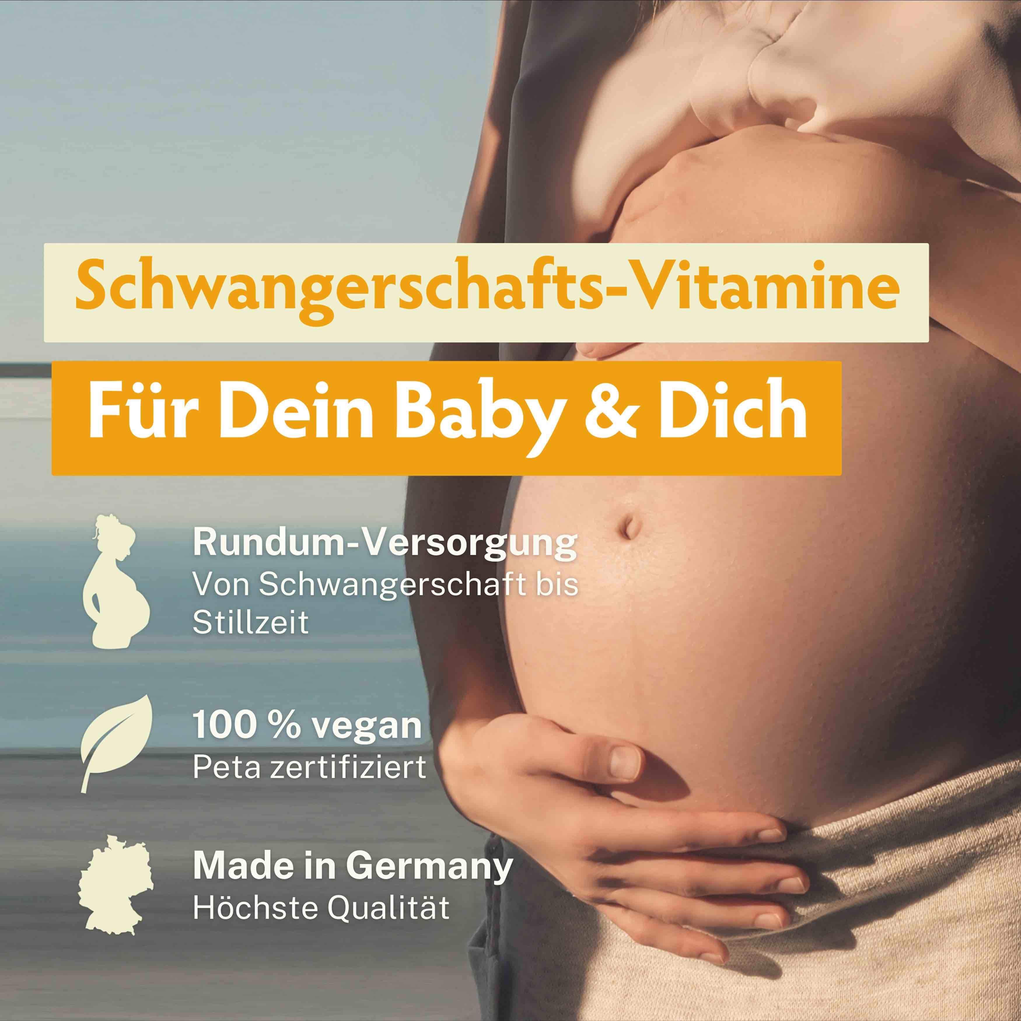 Schwangere Frau. Text: Schwangerschafts-Vitamine, Für Dein Baby & Dich. 100% vegan, Peta zertifiziert, Made in Germany.