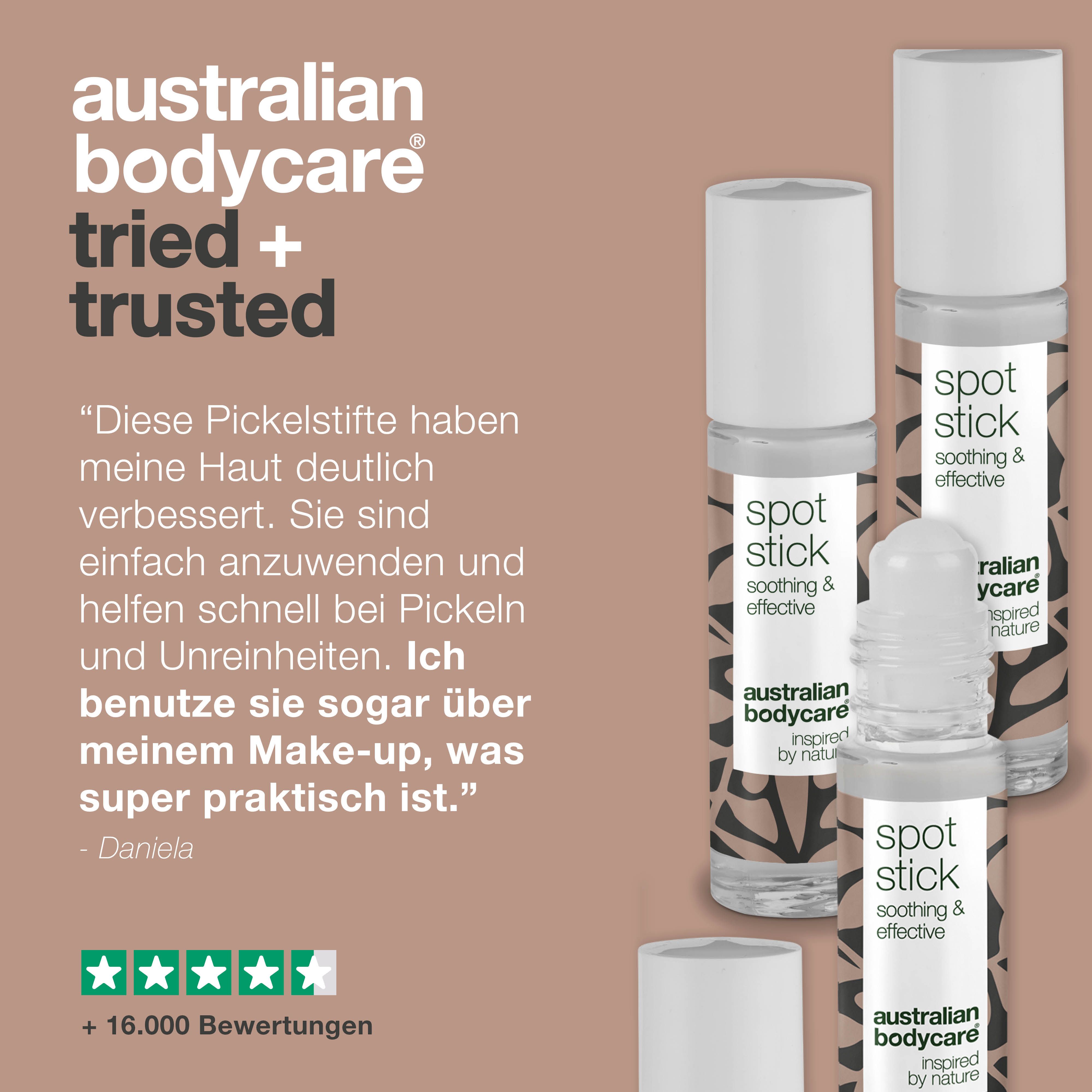 Testimonial mit Spot Stick. Sichtbar: Spot Stick, beruhigend & effektiv, Australian Bodycare.
