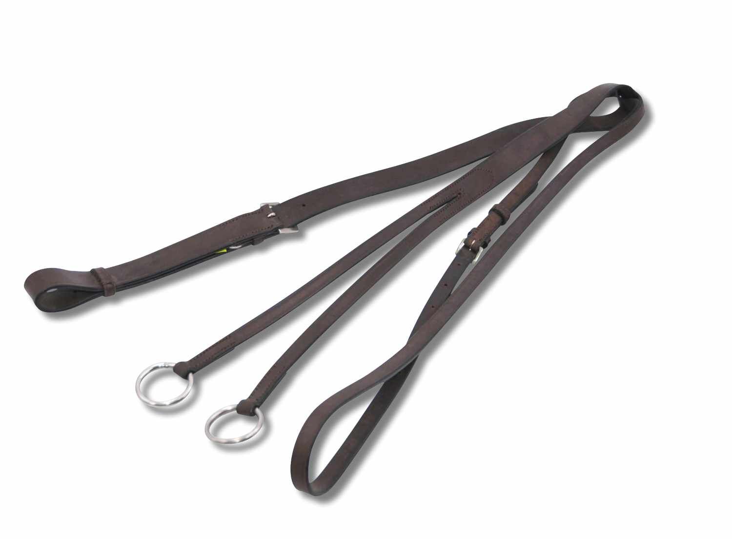 Braune Lederzügel mit Ringen und Schnallen.