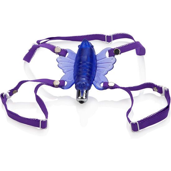 Blauer Schmetterlingsstimulator mit violetten Trägern und verstellbaren Schnallen.