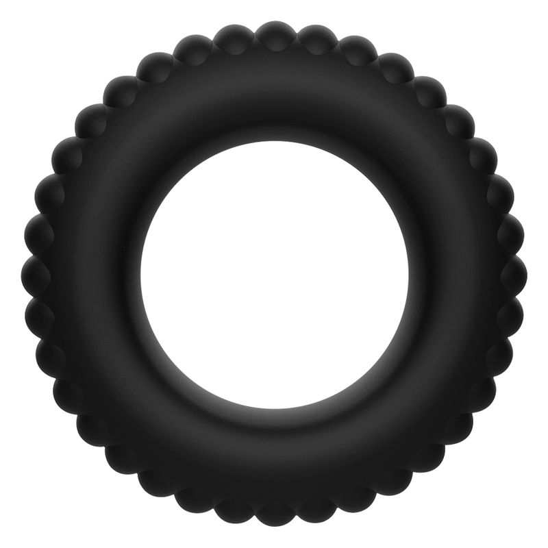 Schwarzer Penisring aus Silikon mit einer Oberfläche aus kleinen Kugeln. Runde Form mit einem Loch in der Mitte.