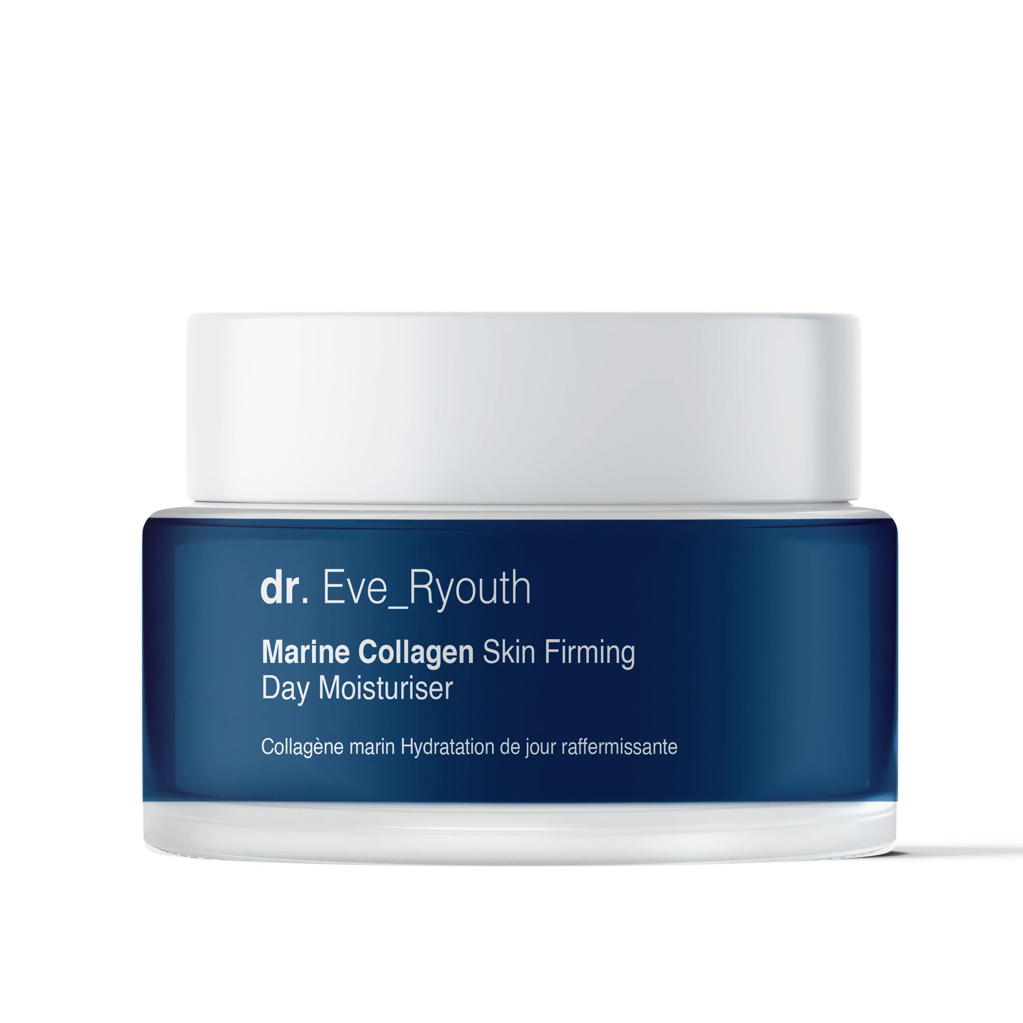 Blau-weiße Creme-Dose. Aufschrift: Marine Collagen Skin Firming Day Moisturiser.
