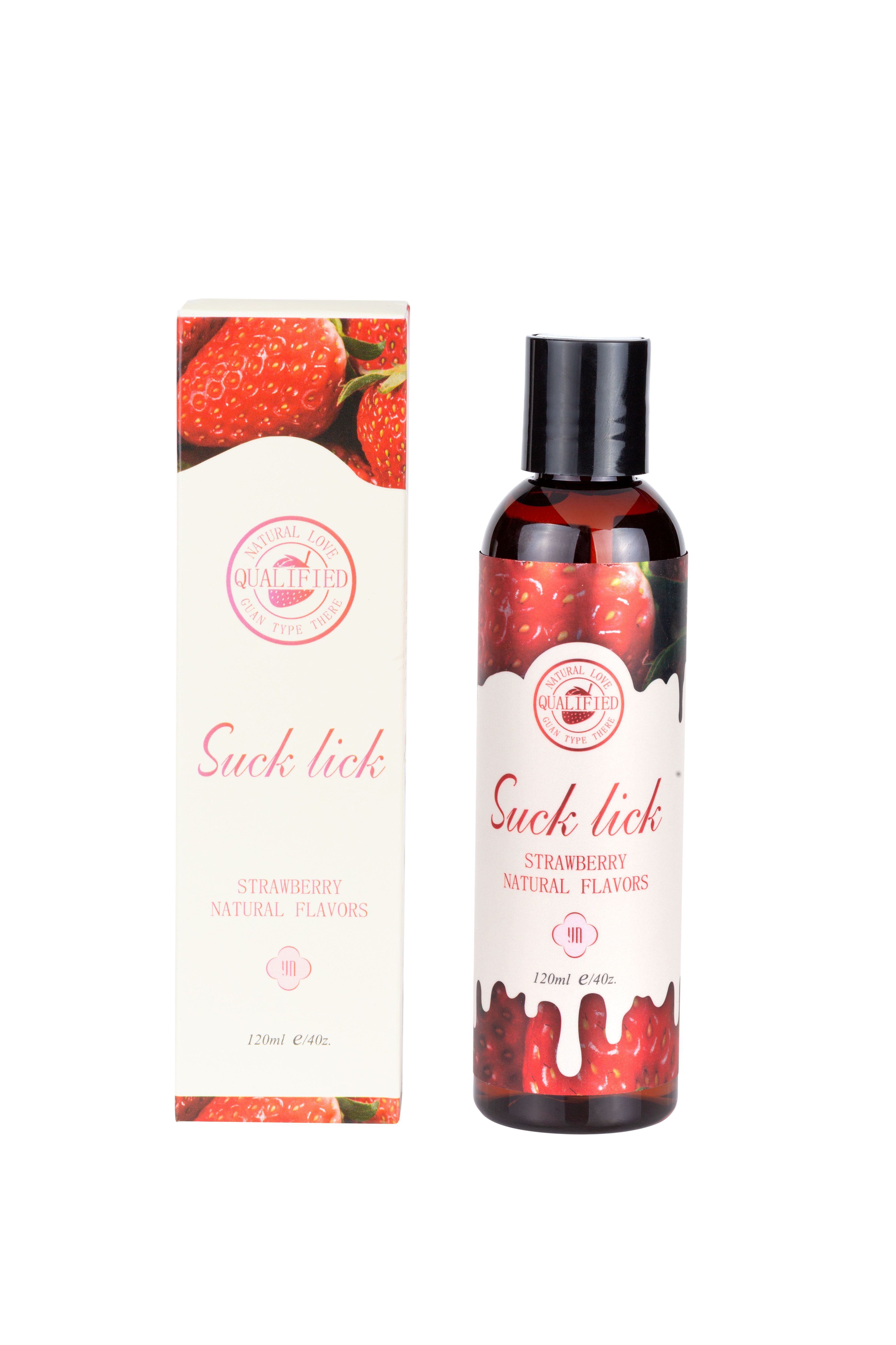 Flasche mit roter Flüssigkeit und Karton. Aufschrift: Suck lick, Erdbeergeschmack, 120ml.