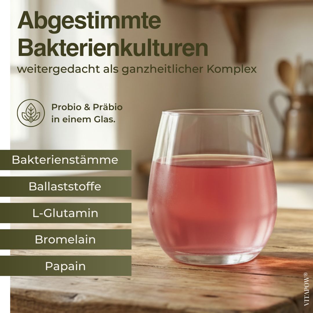 Glas mit rosa Flüssigkeit. Text: Bakterienstämme, Ballaststoffe, L-Glutamin, Bromelain, Papain. Vitapow.