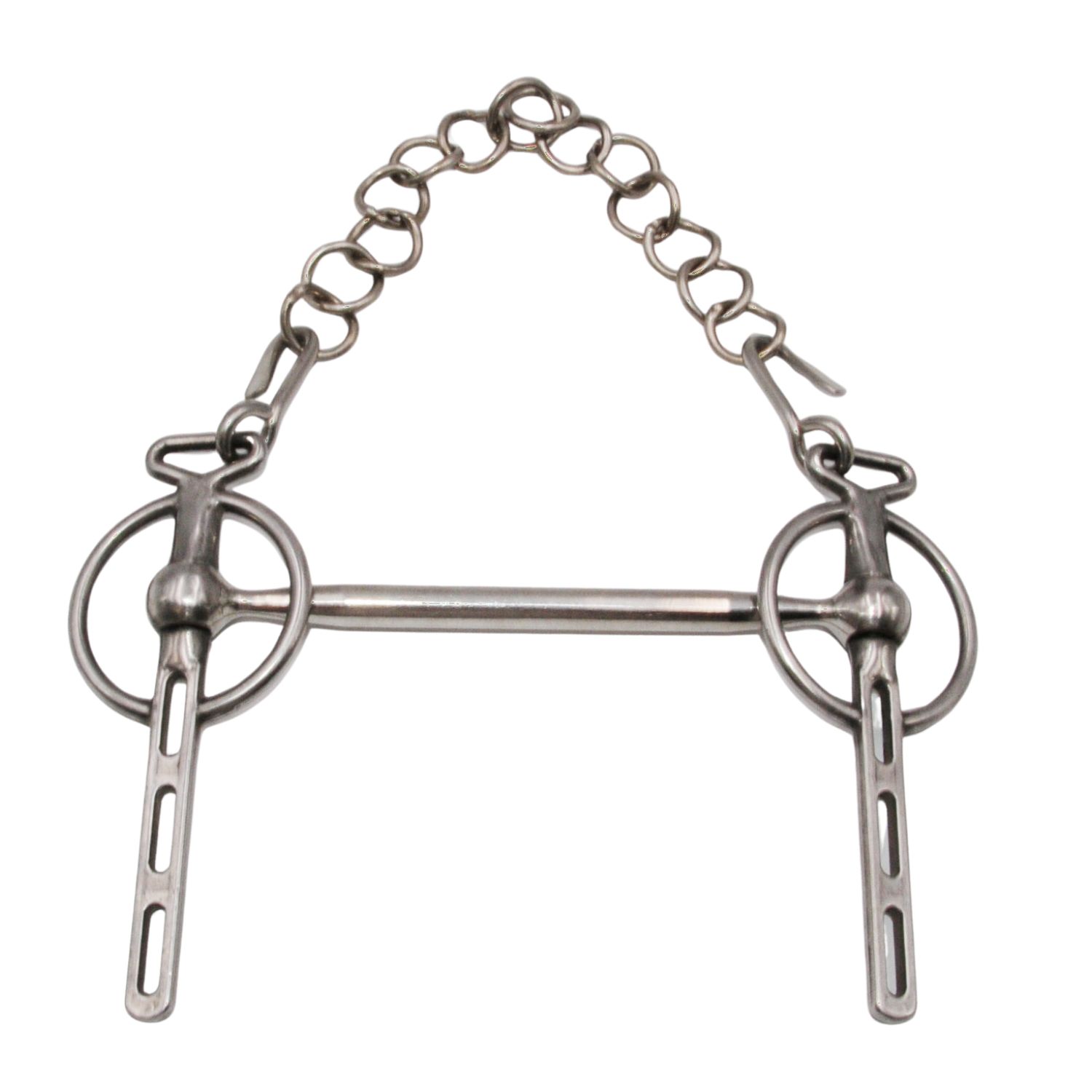 Kandare, Edelstahl, mit Kette und 3 Anzügen. Detailaufnahme. Metall. Für Pferde.