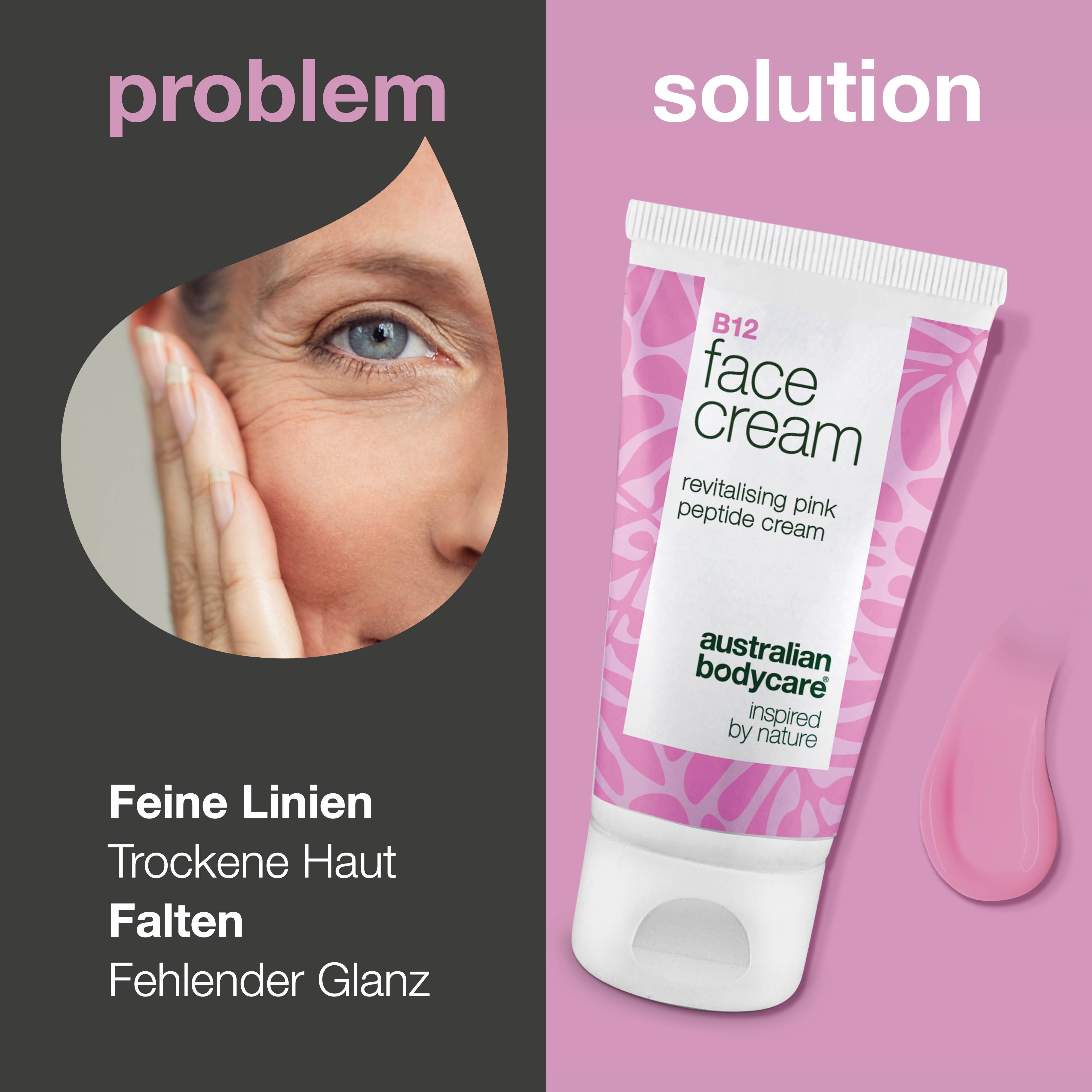 Gesicht einer Frau mit Falten. Rechts: Tube Gesichtscreme. Text: 'B12 face cream'. Marke: Australian Bodycare.
