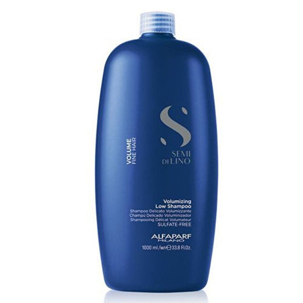 Dunkelblaue Flasche mit weißem Aufdruck: "SEMI DI LINO", "Volumizing Low Shampoo", "SULFATE FREE", "ALFAPARF MILANO", 1000 ml.