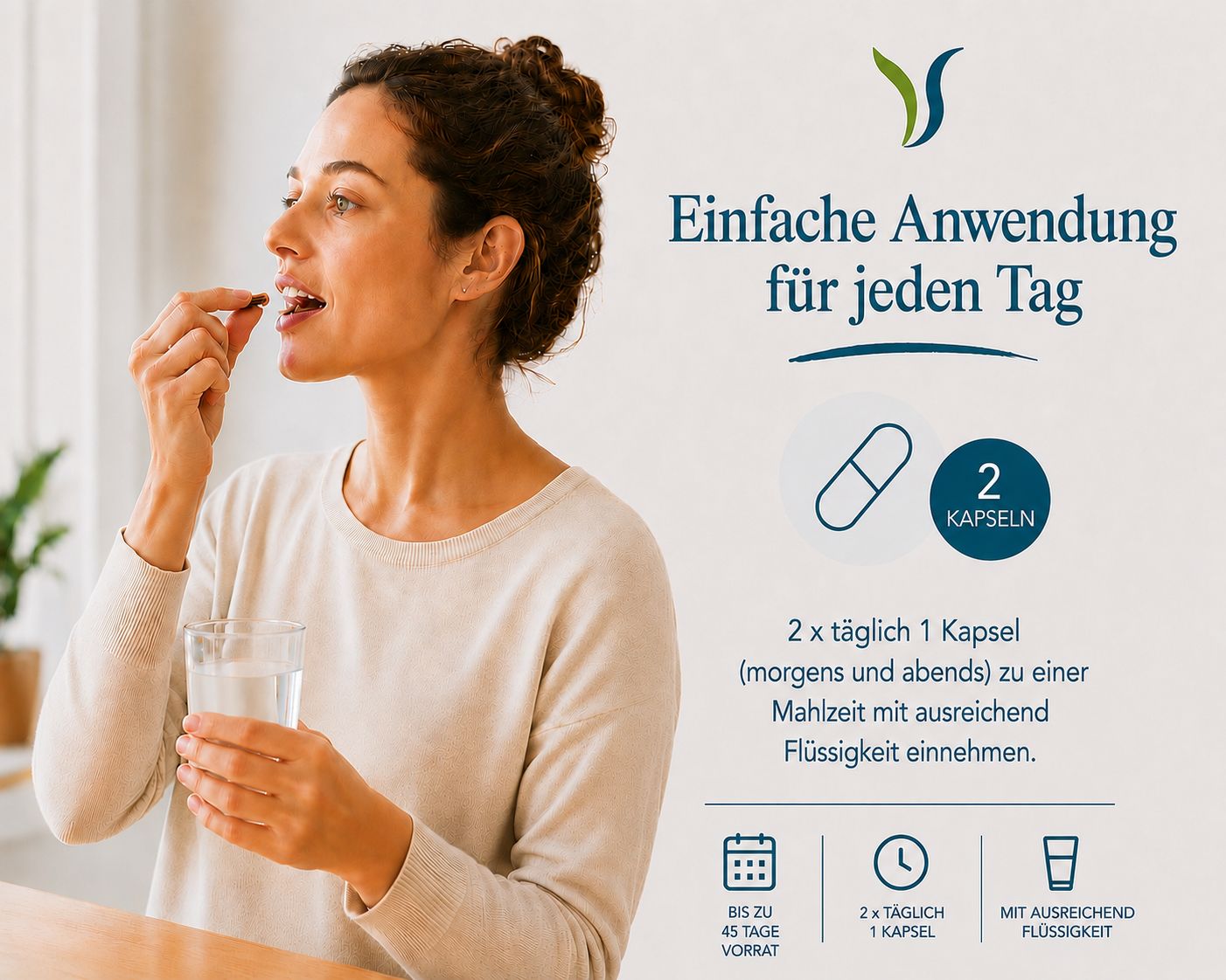 Frau nimmt eine Kapsel ein, daneben Icons für Vorrat, Einnahme und Flüssigkeit.