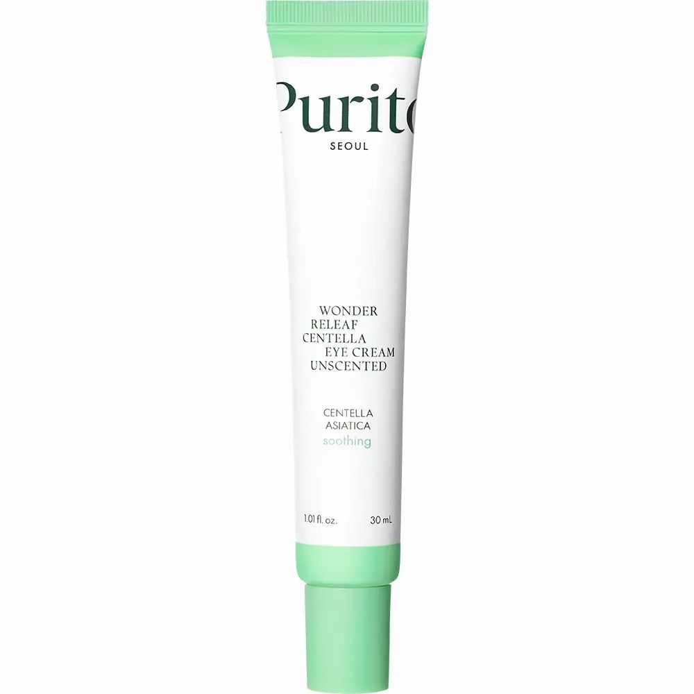 Weiße Tube mit grünem Deckel. Text: PURITO SEOUL, Wonder Releaf Centella Eye Cream Unscented, Centella Asiatica soothing. 30 ml.