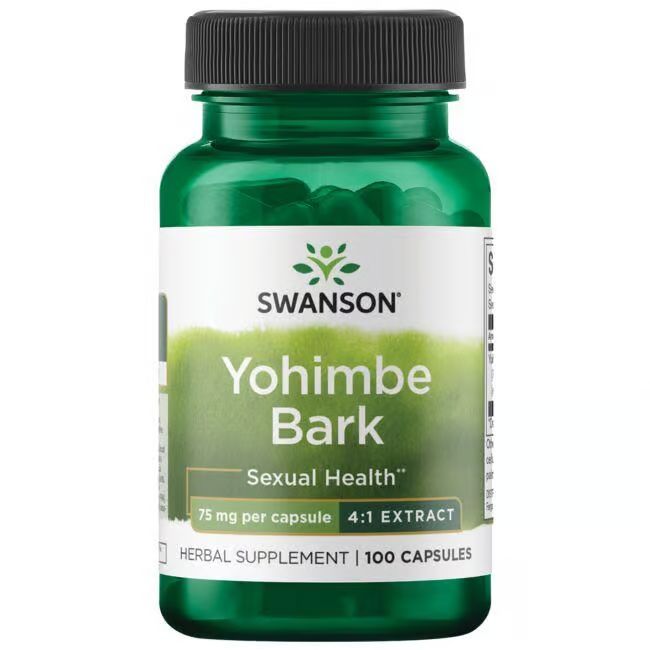 Grüne Flasche mit schwarzen Deckel. Aufschrift: SWANSON Yohimbe Bark, 75 mg pro Kapsel, 100 Kapseln.