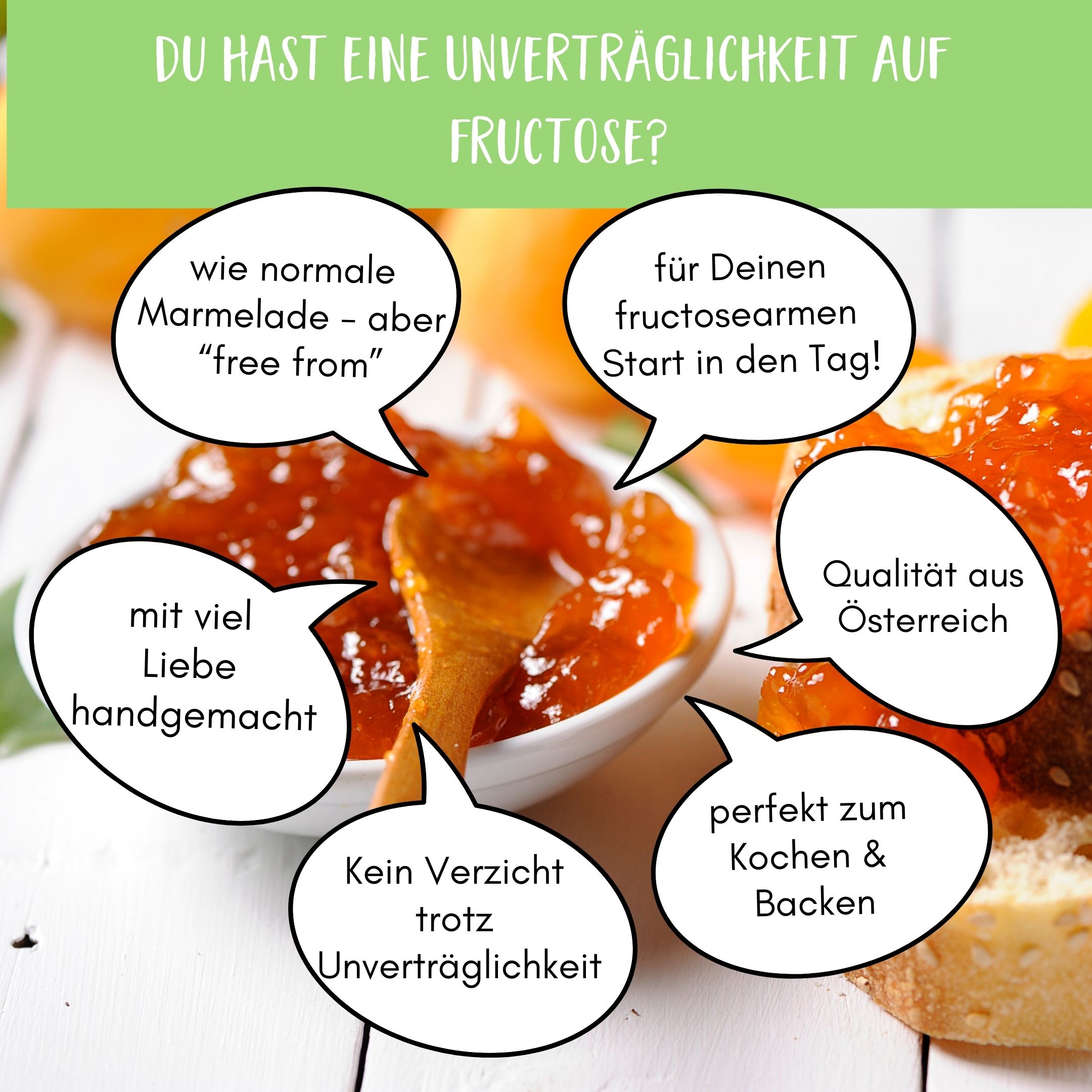 Auf einem Brot, FRUNIX® Marille-Aprikose-Fruchtaufstrich. Text in Sprechblasen: wie normale Marmelade, mit viel Liebe handgemacht, kein Verzicht, perfekt zum Kochen.