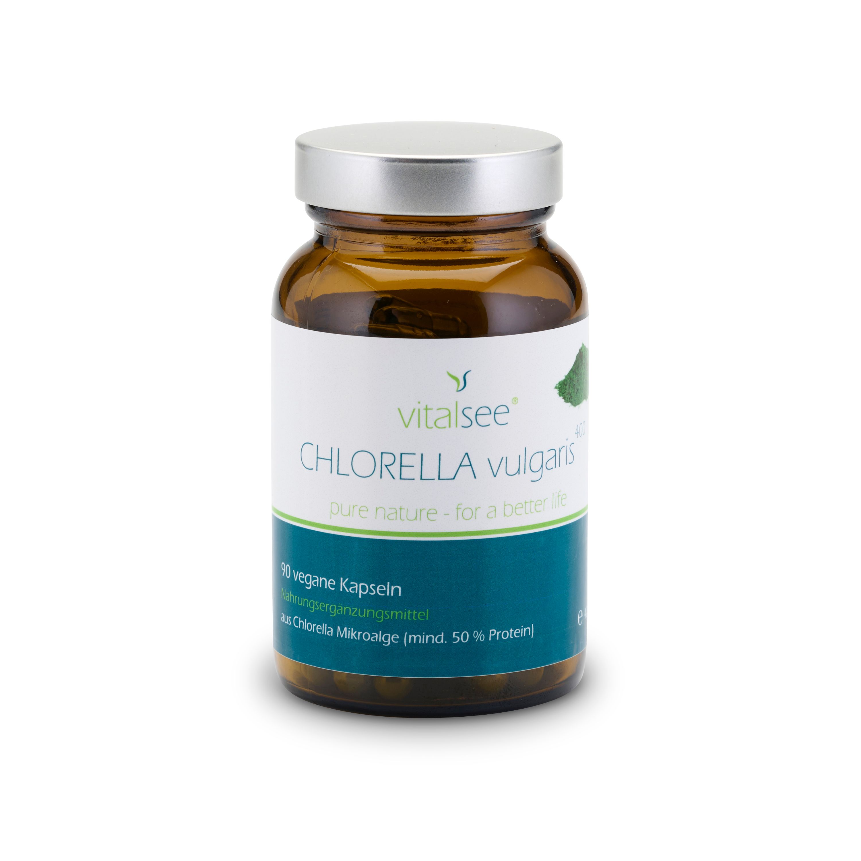 Braune Glasflasche mit silbernem Deckel. Etikett mit Produktnamen und Logo. Enthält Kapseln.