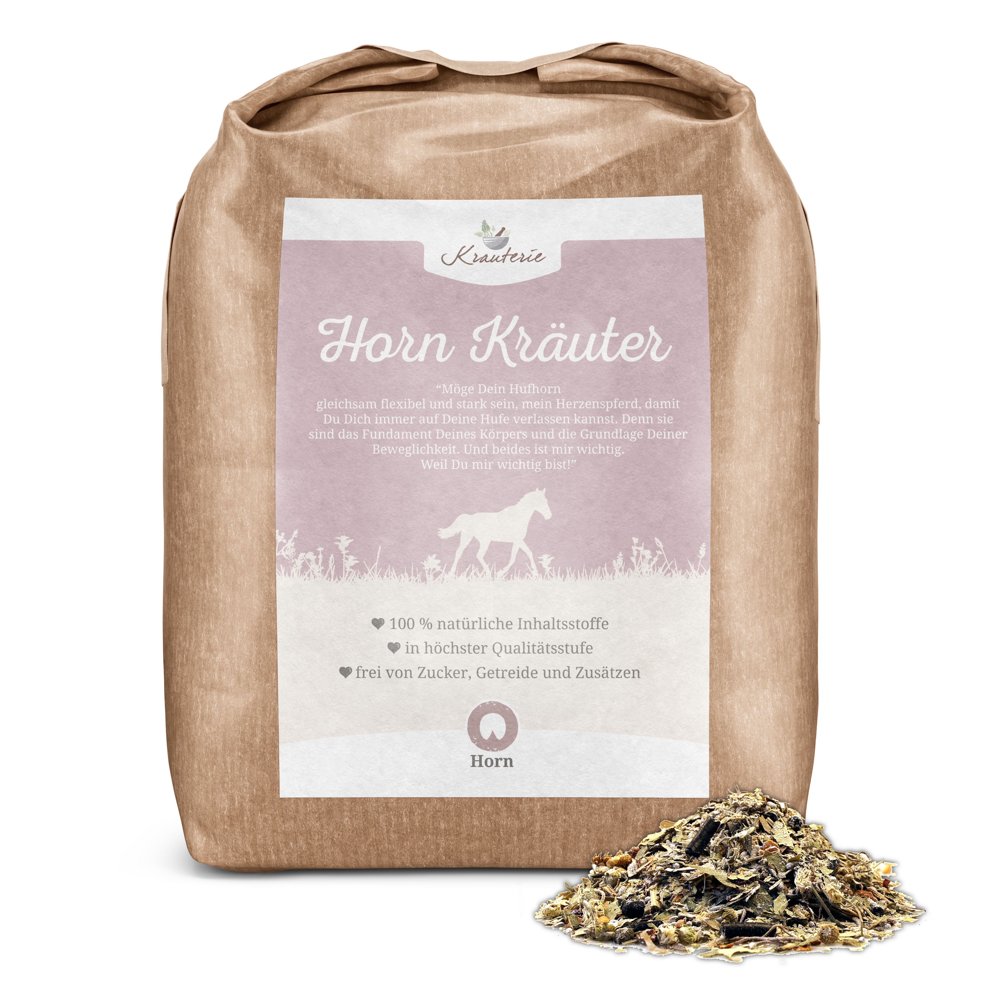Braune Papiertüte mit Kräutermischung für Pferde, Etikett mit Pferdesilhouette und Produktinformationen.