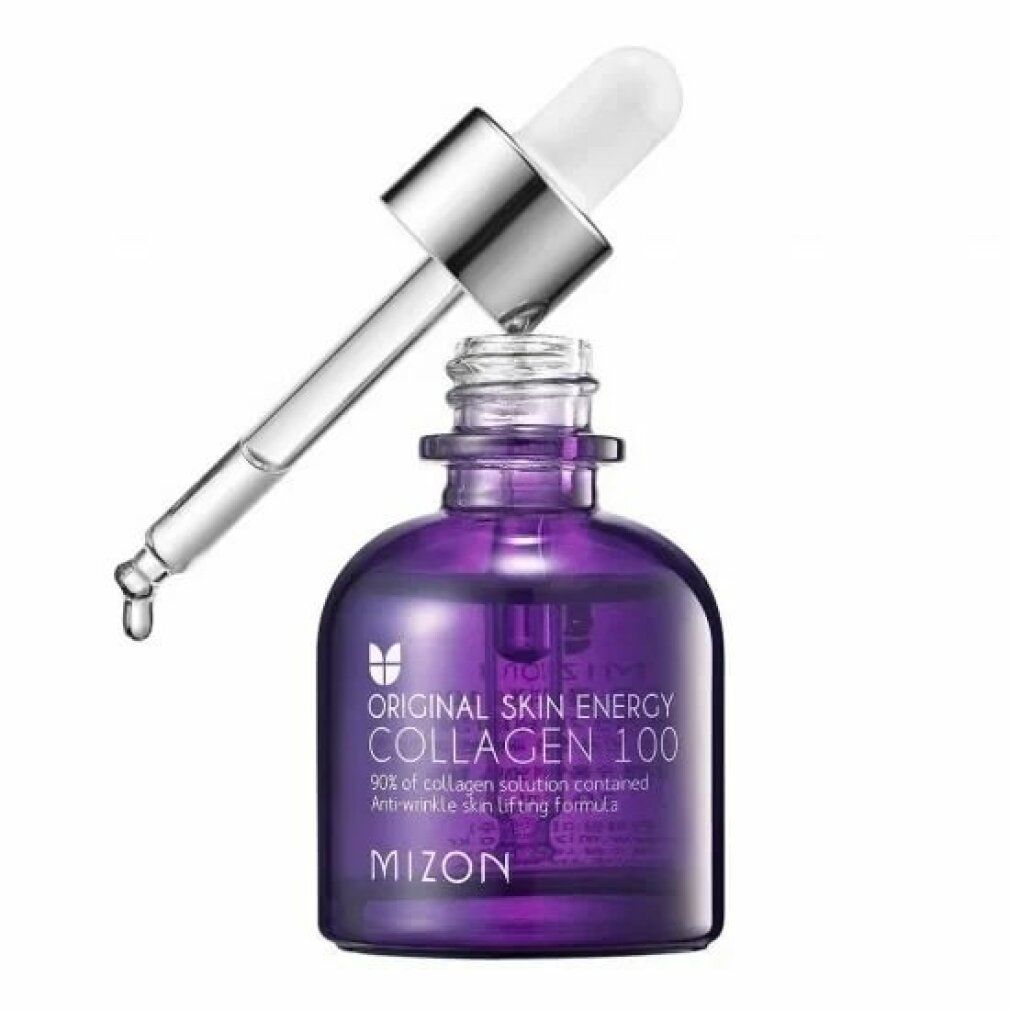 Violette Flasche mit Pipette. Aufschrift: Original Skin Energy Collagen 100, Mizon. Pipette über der Flasche.