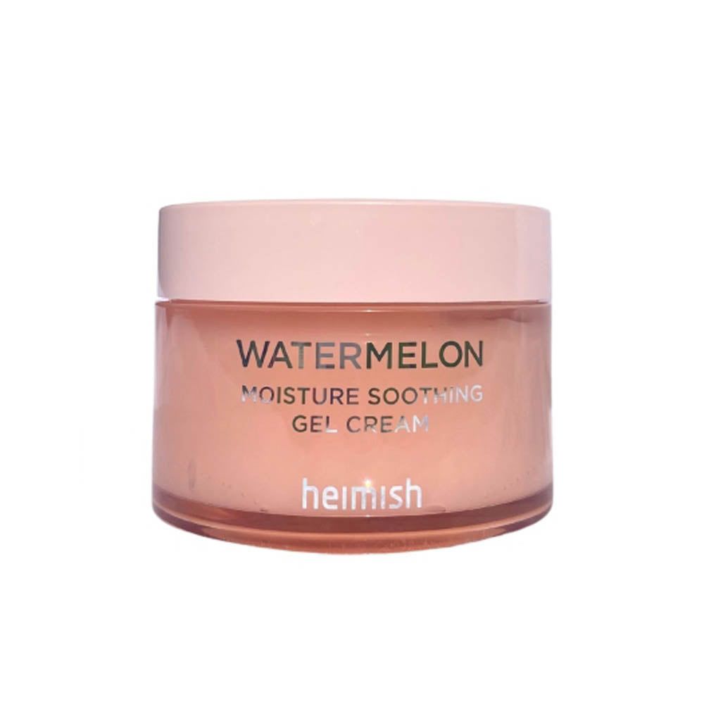 Rosa Creme-Tiegel mit Deckel. Aufschrift: WATERMELON MOISTURE SOOTHING GEL CREAM. Marke: heimish.