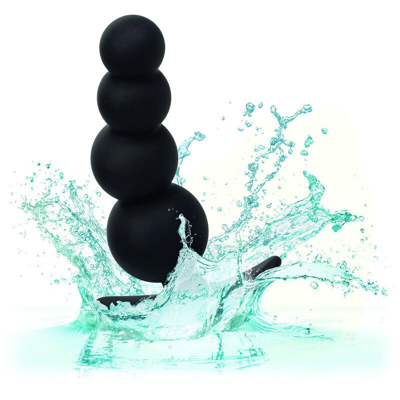 Schwarzer Analplug mit Perlendesign im Wasser. Perlenförmiger Schaft, Basis mit Griff.