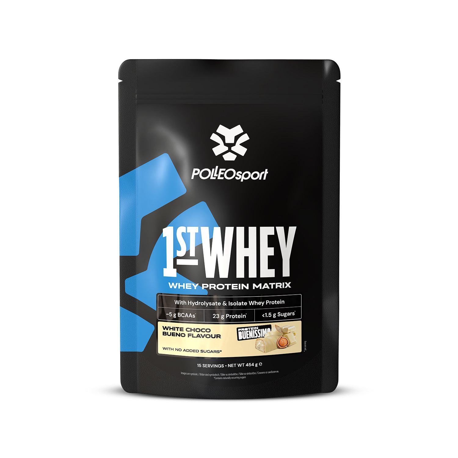 Schwarzer Beutel PolleoSport 1st Whey, Geschmack White Choco Bueno. Enthält Whey Protein Matrix. 454g.