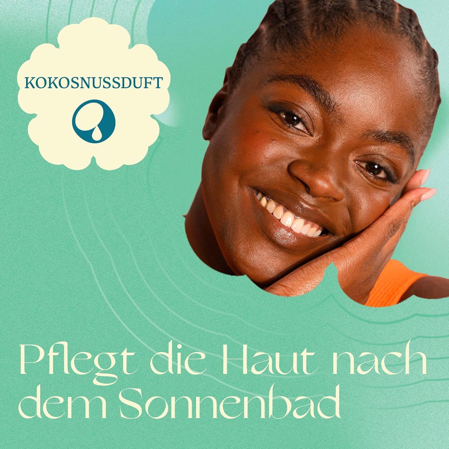 Lächelnde Frau. Text: Pflegt die Haut nach dem Sonnenbad. Sprechblase: Kokosnussduft.