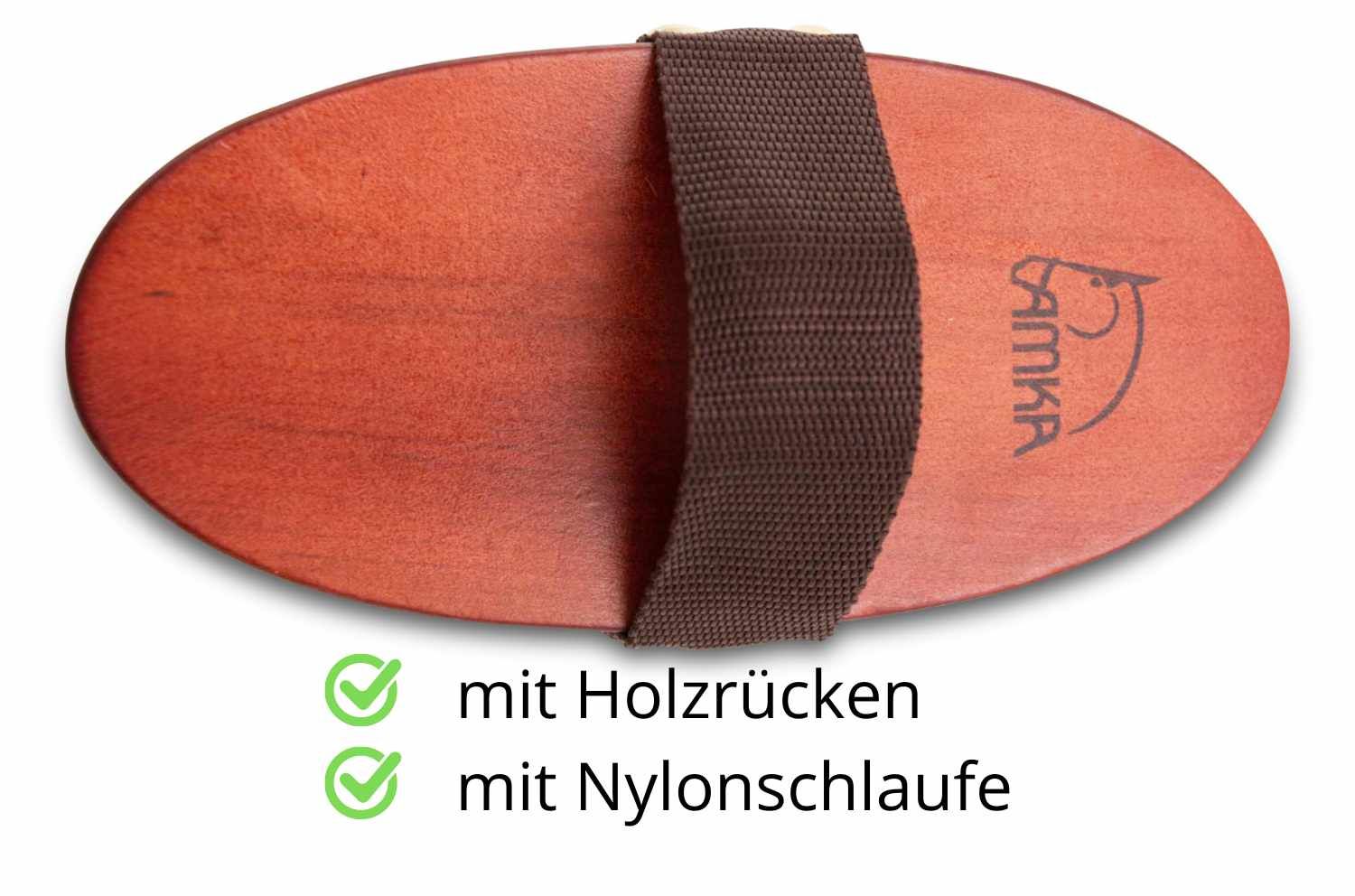 AMKA Pferdebürste mit Holzrücken und Nylonschlaufe. Oval, braun. Logo mit Pferdekopf.