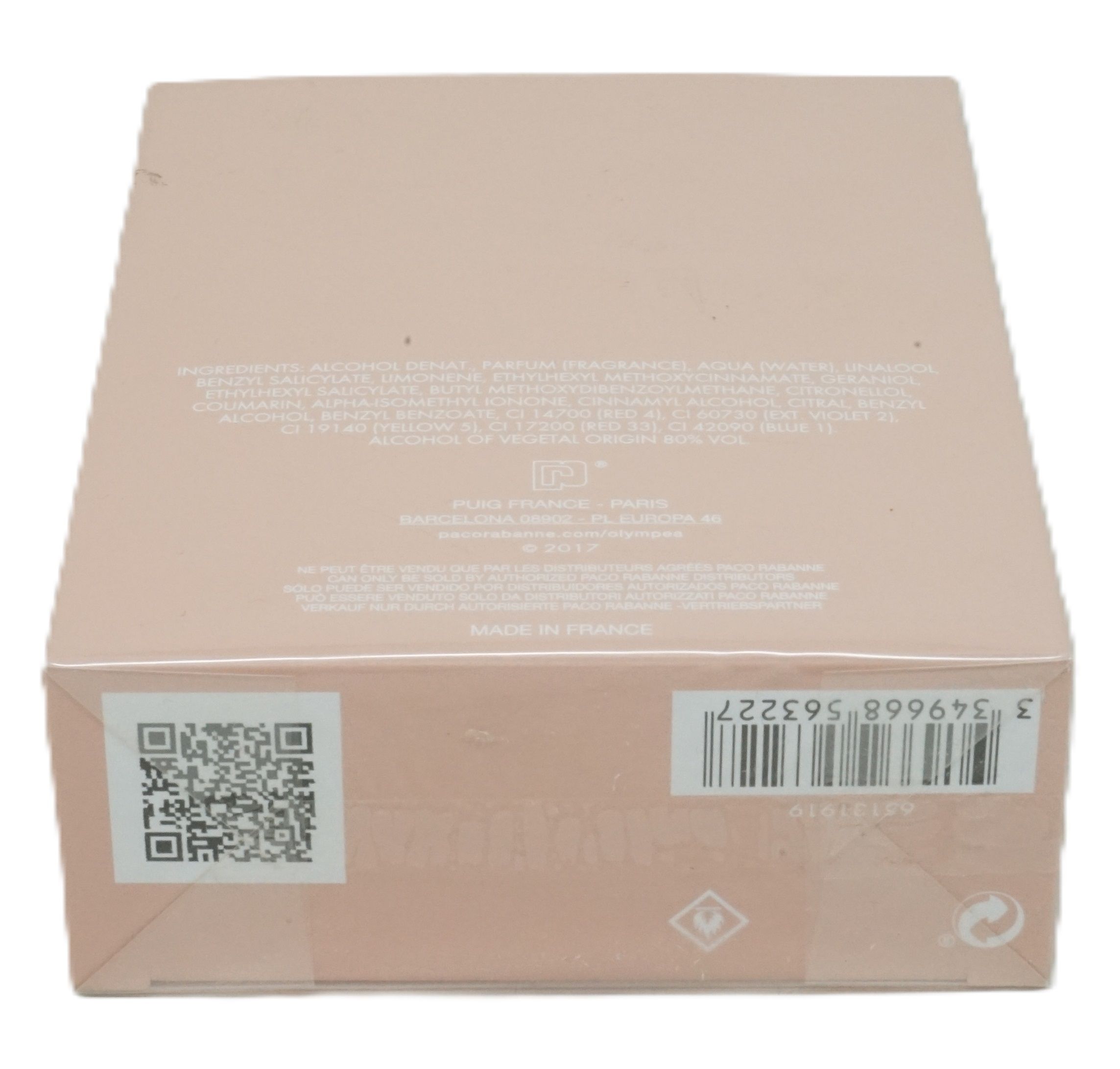 Beige Verpackung. Text: Inhaltsstoffe, Paco Rabanne, Made in France. QR-Code und Barcode.