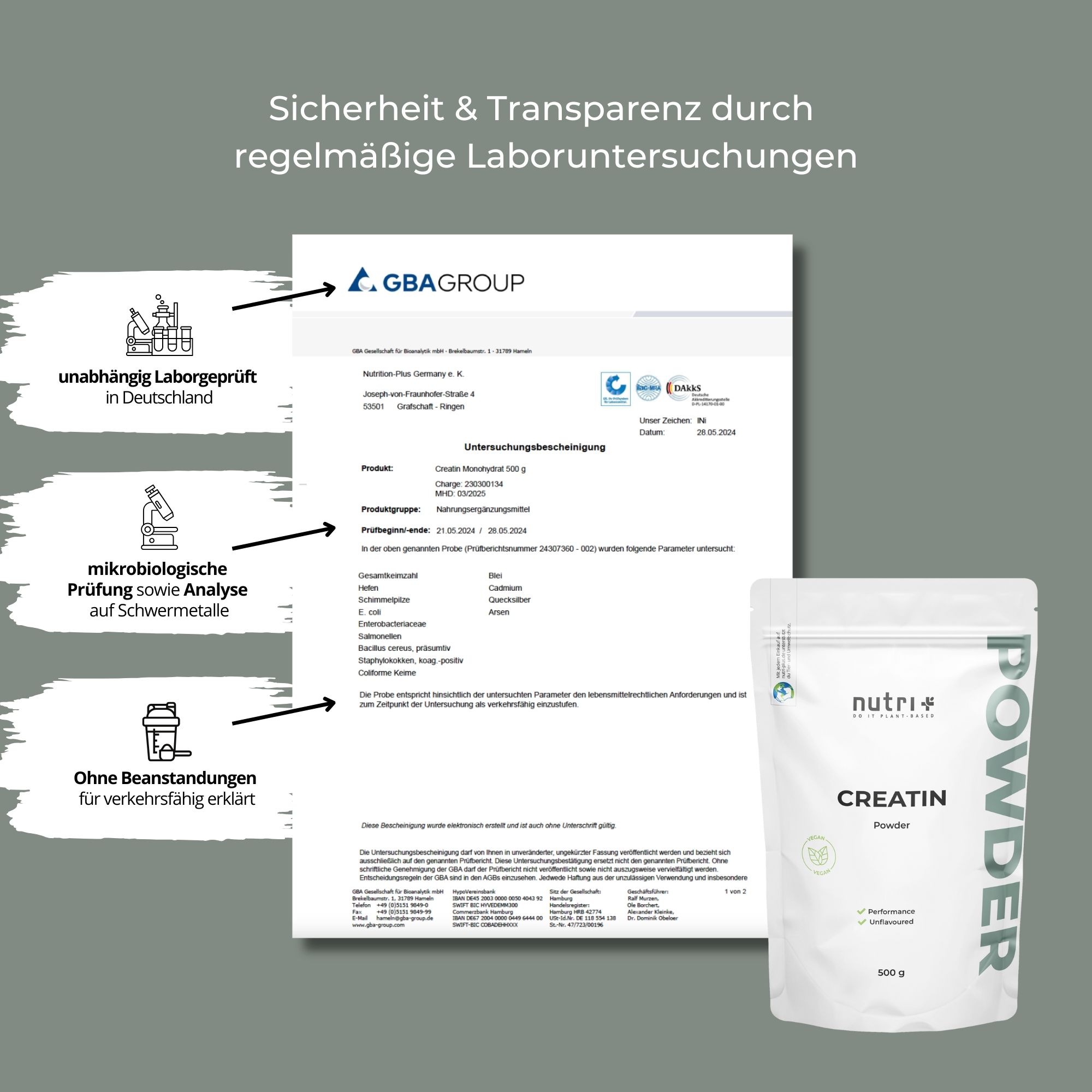 Zertifikat und Produktverpackung. Zertifikat mit Text und Logo. Produkt: Creatin Monohydrat 500 g. Marke: nutri+.