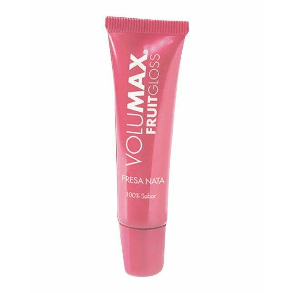 Rosa Tube mit weißer Schrift. VOLUMAX FRUITGLOSS, darunter FRESA NATA und 100% Sabor. Der Deckel ist rosa.