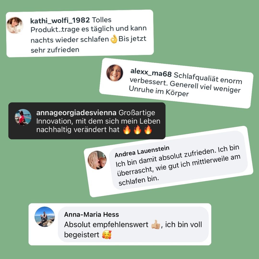 Zitate von Nutzern: Schlafqualität verbessert, weniger Unruhe, Innovation, zufrieden, begeistert.