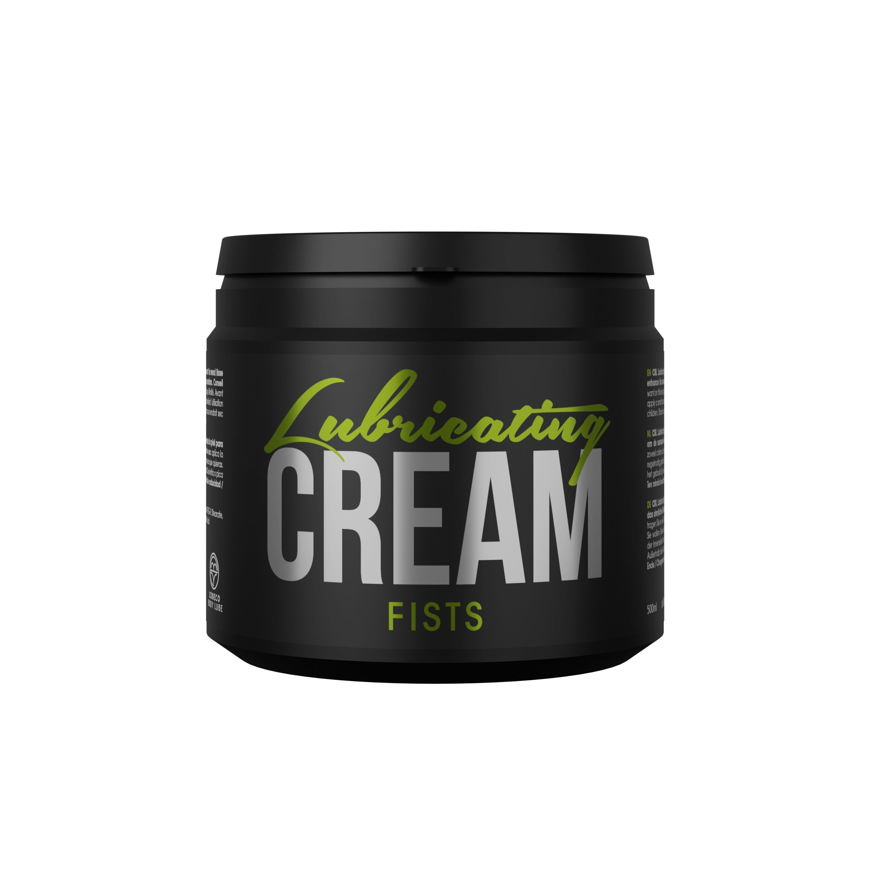 Schwarzer Tiegel mit grün-weißer Aufschrift "Lubricating CREAM FISTS".